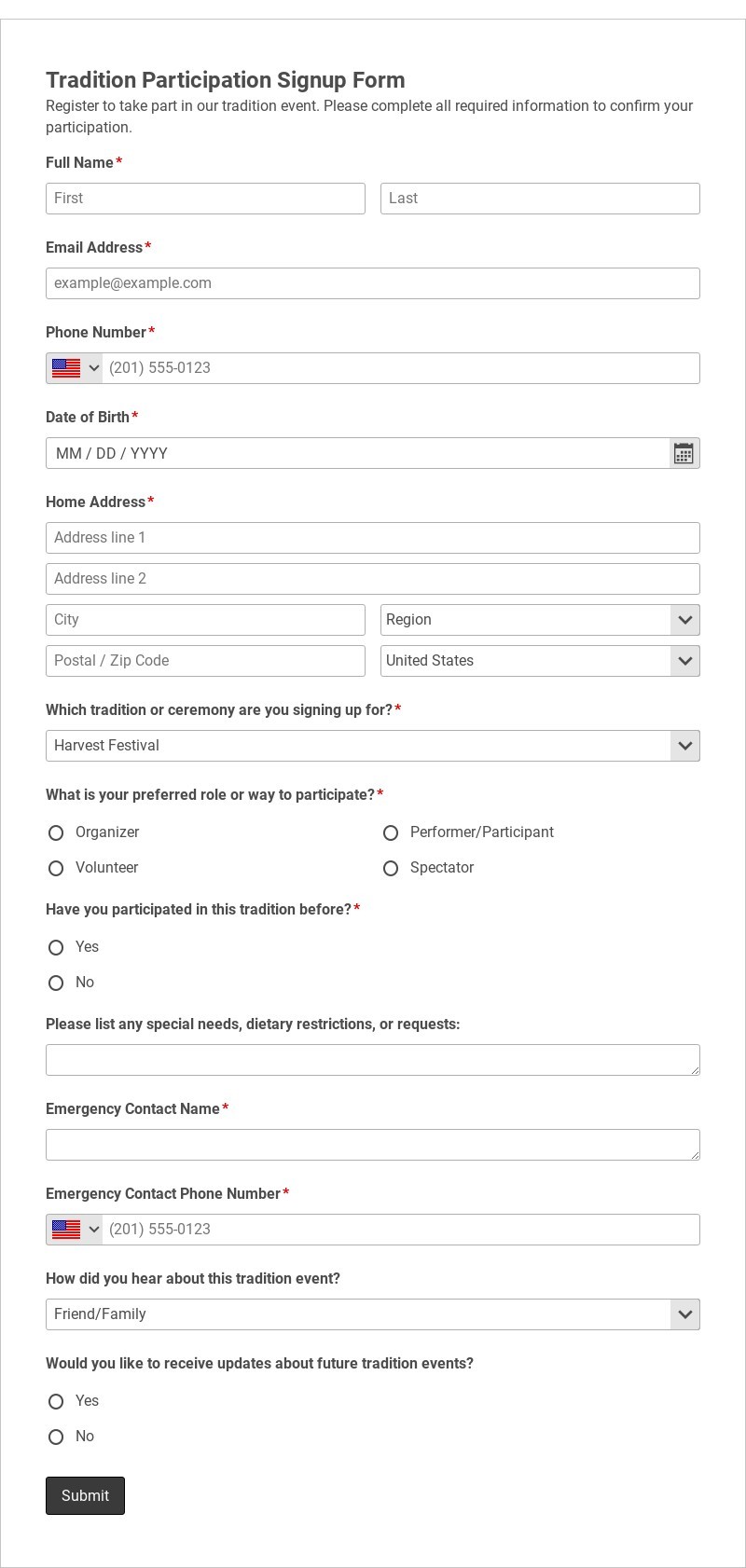 Tradition Participation Signup Form Template form template
