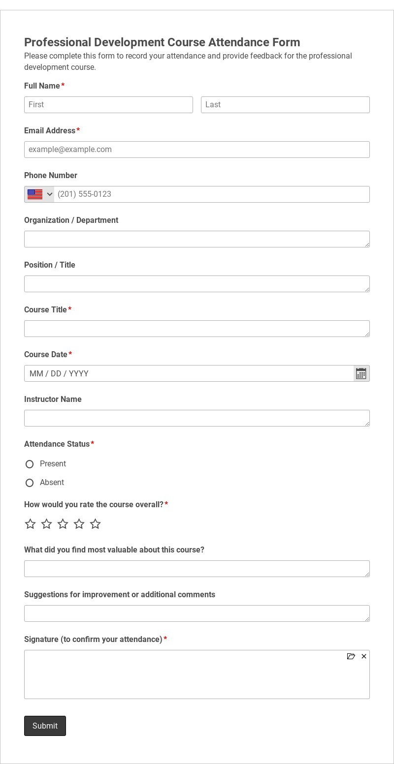 Professional Development Course Attendance Form Template form template