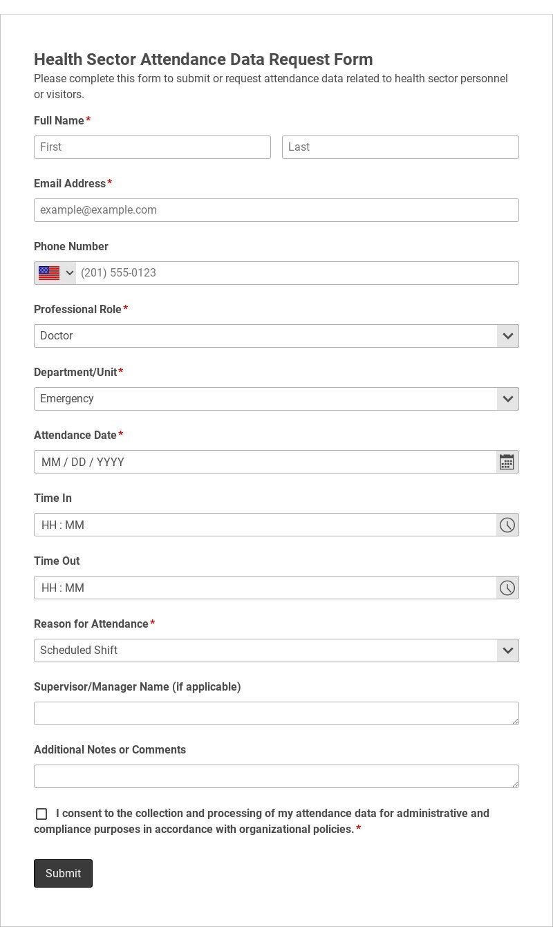 Health Sector Attendance Data Request Form Template form template
