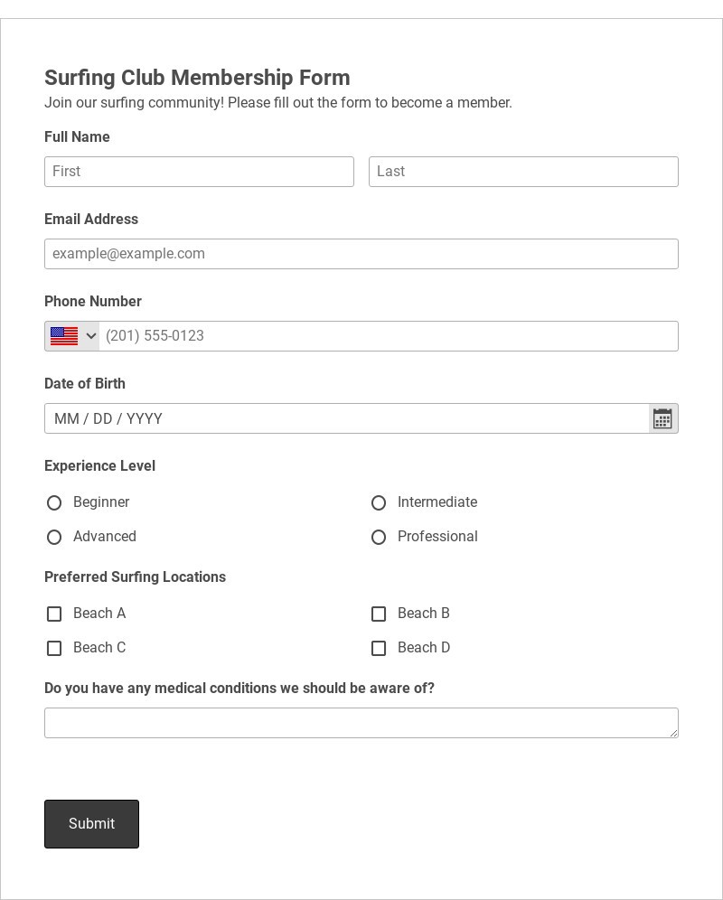 Surfing Club Membership Form Template form template