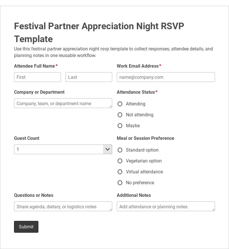 Festival Partner Appreciation Night RSVP Template form template
