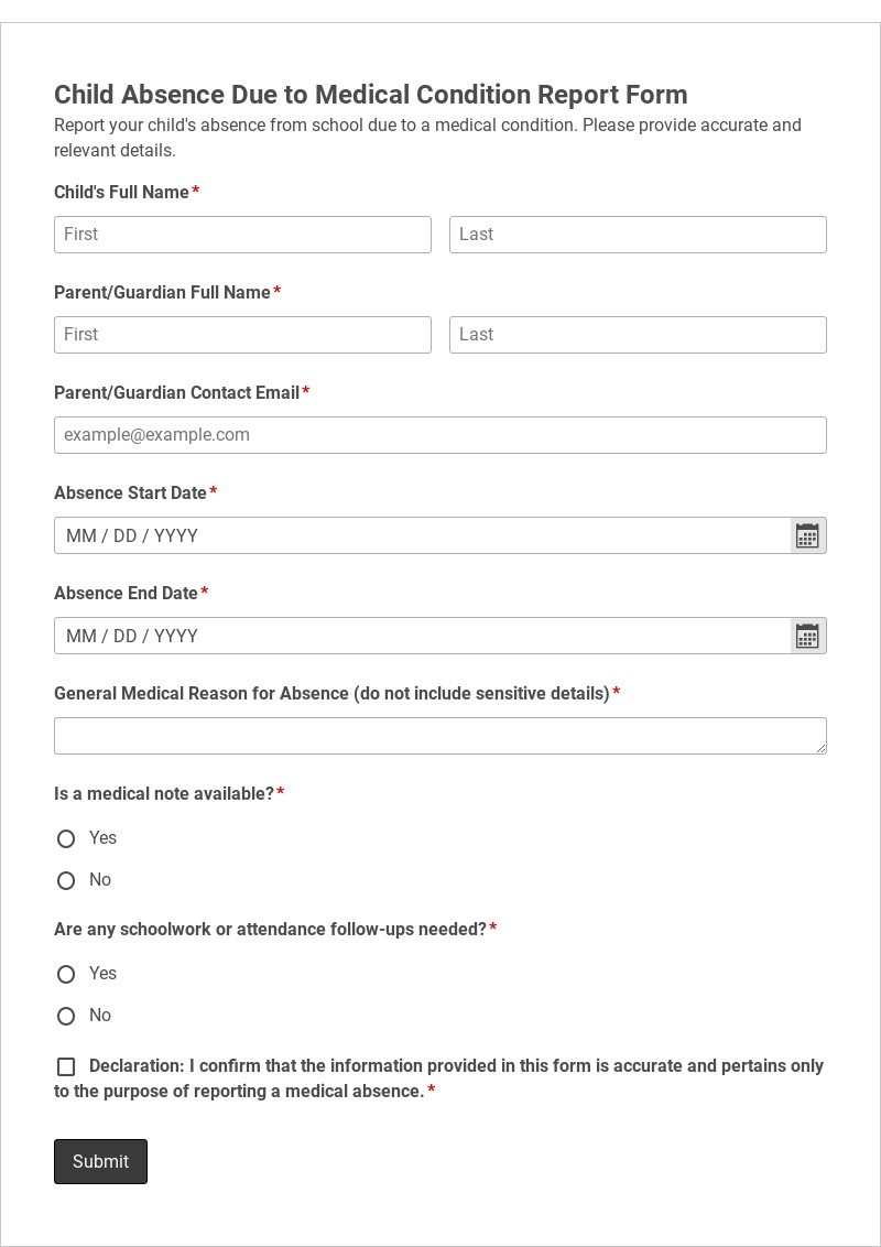 Child Absence Due to Medical Condition Report Form Template