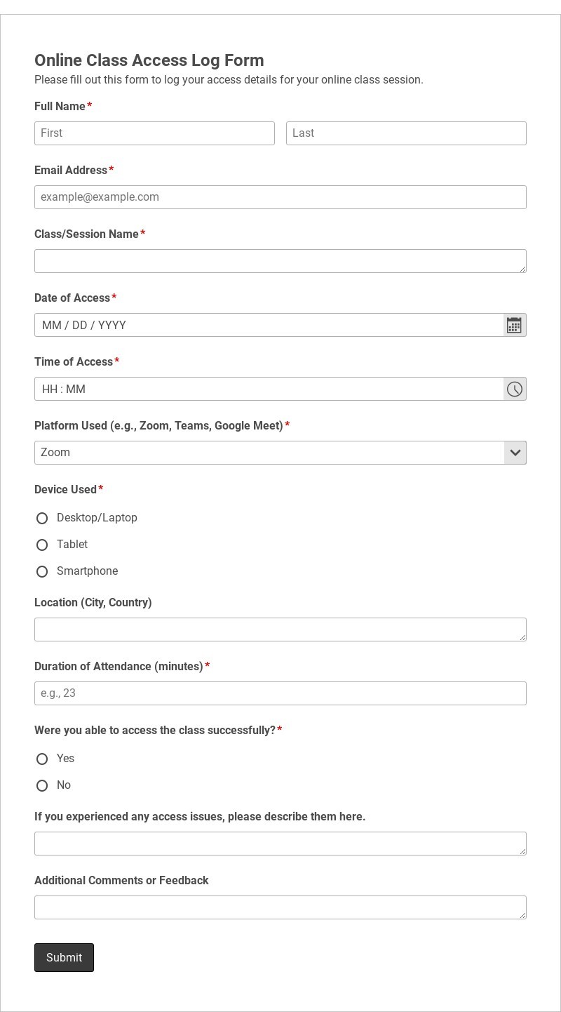 Online Class Access Log Form Template form template