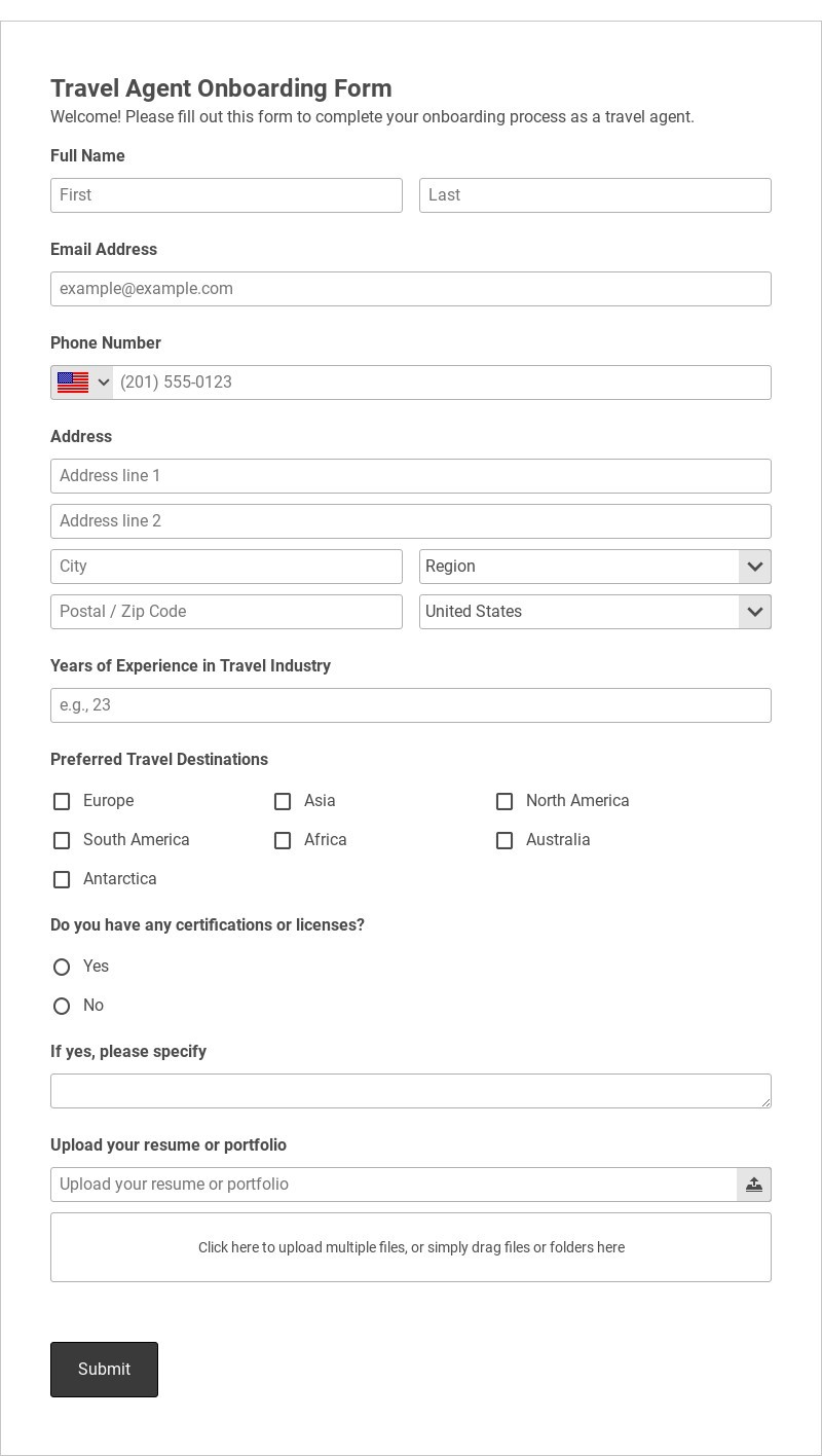 Travel Agent Onboarding Form Template form template