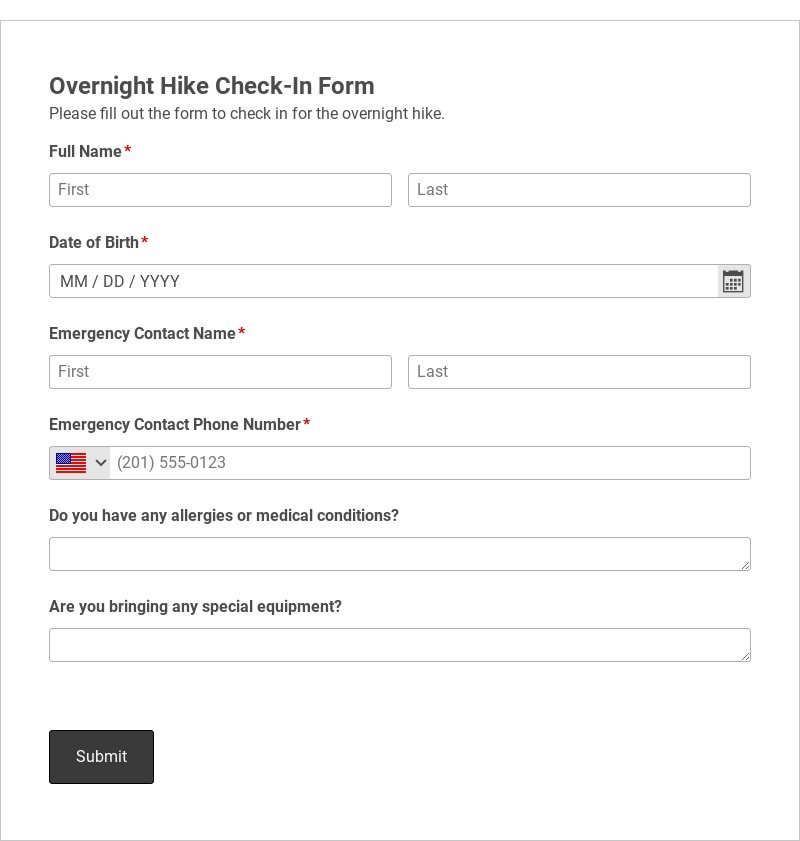 Overnight Hike Check-In Form Template form template