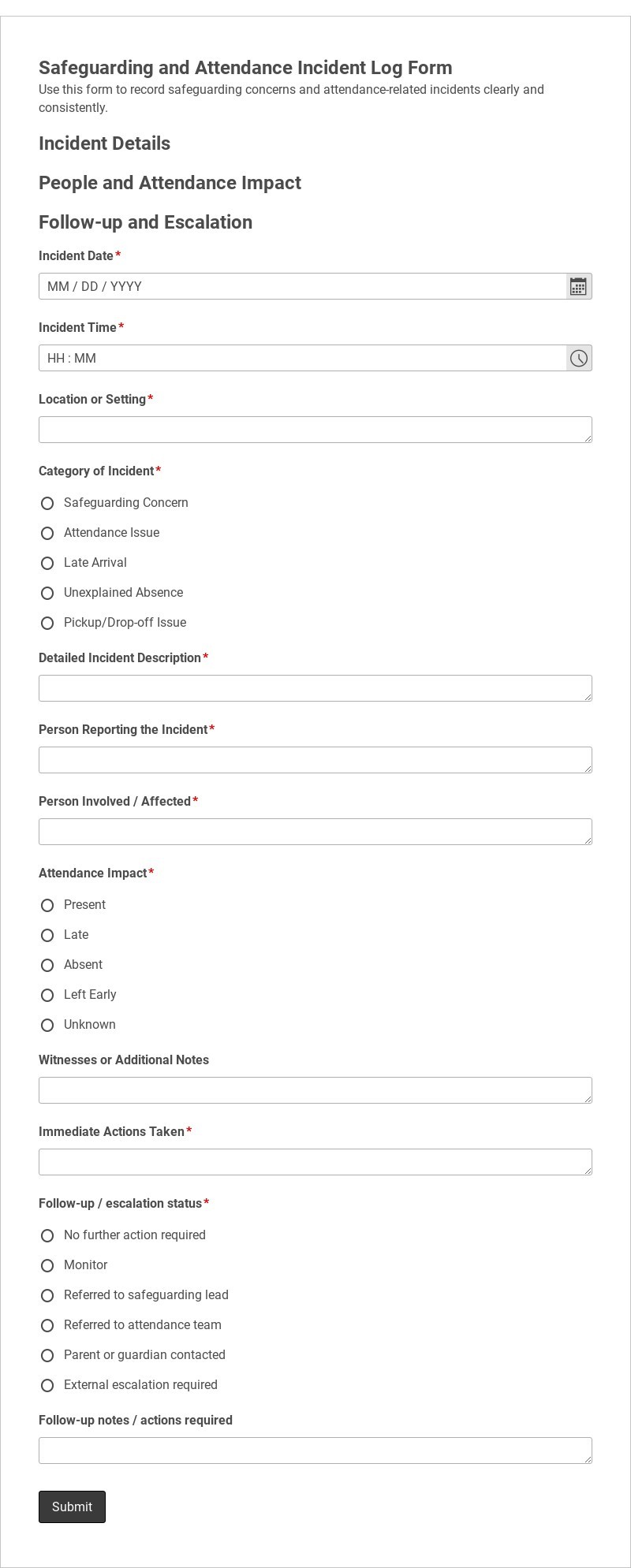 Safeguarding and Attendance Incident Log Form Template form template