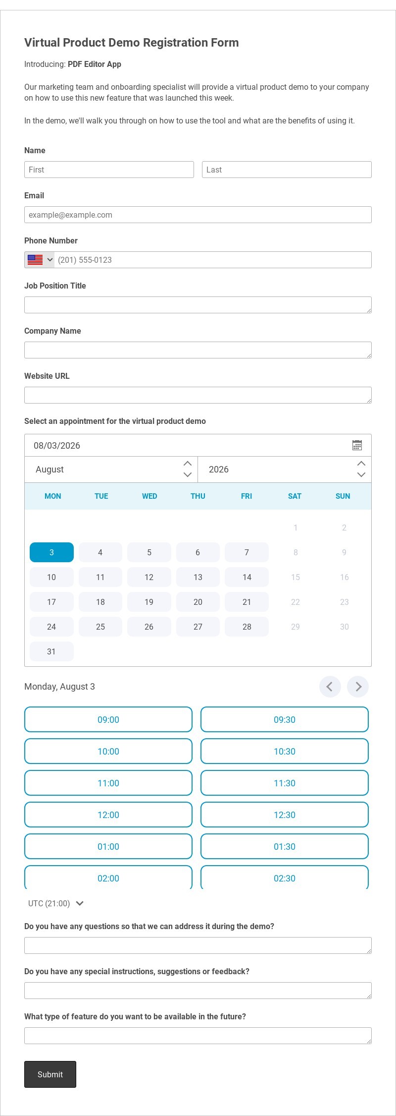 Virtual Product Demo Registration Form Template form template