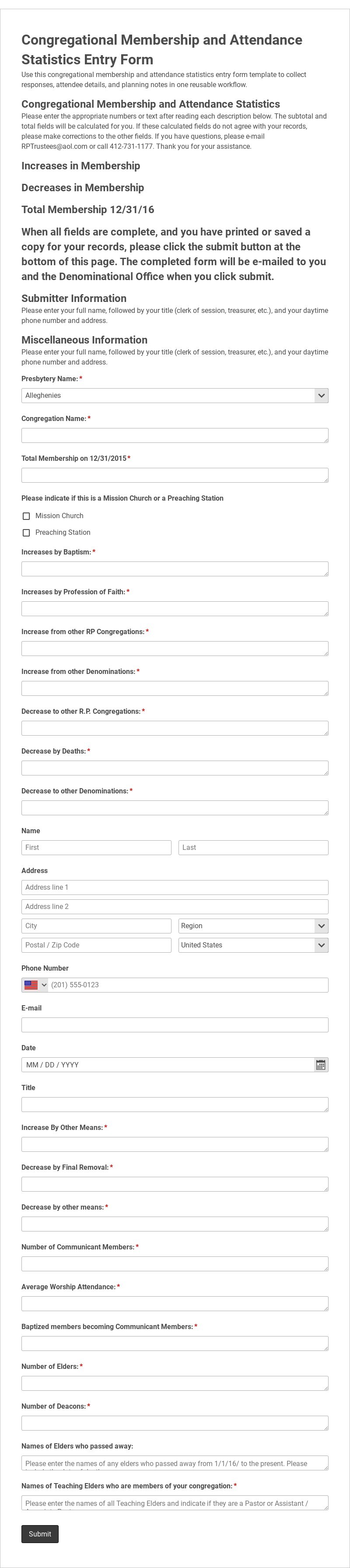 Congregational Membership and Attendance Statistics Entry Form