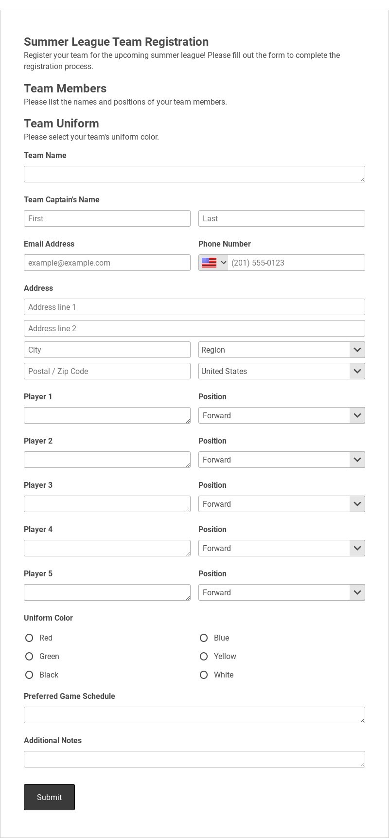 Summer League Team Registration Form Template form template