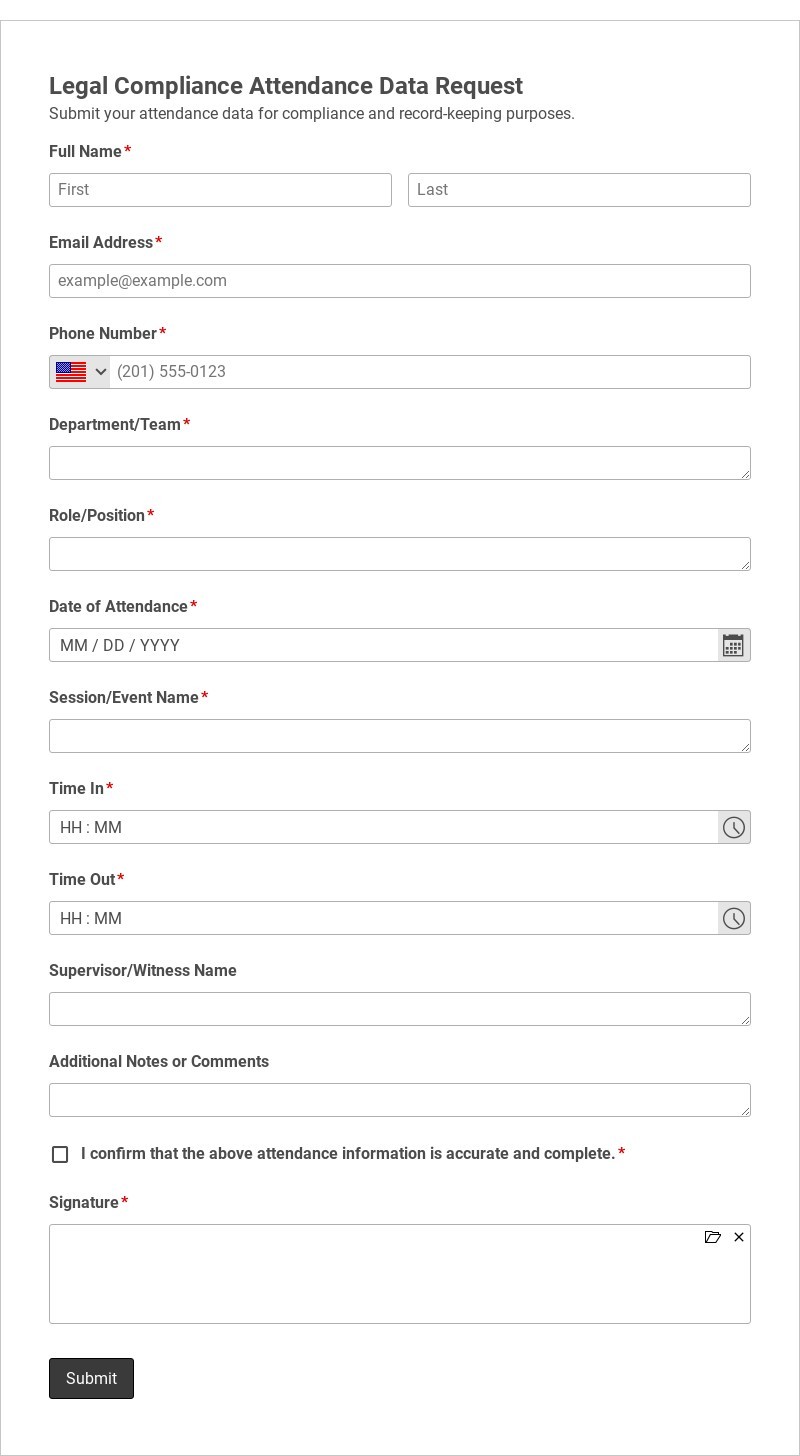 Legal Compliance Attendance Data Request Template form template