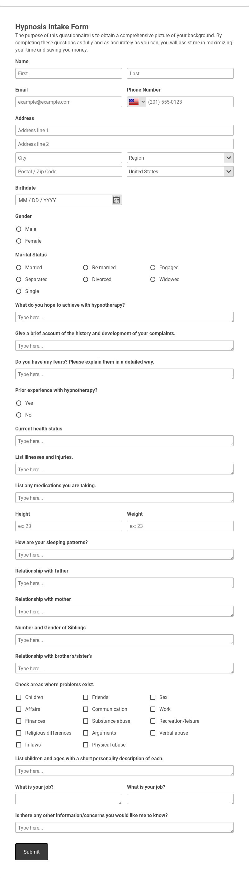 Hypnosis Intake Form Template form template