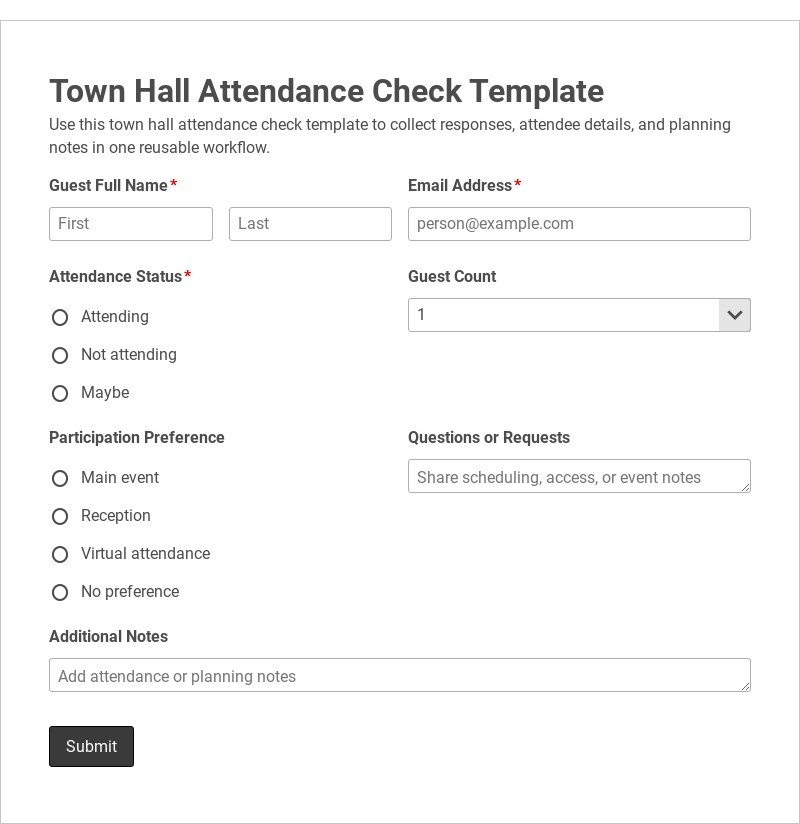 Town Hall Attendance Check Template form template