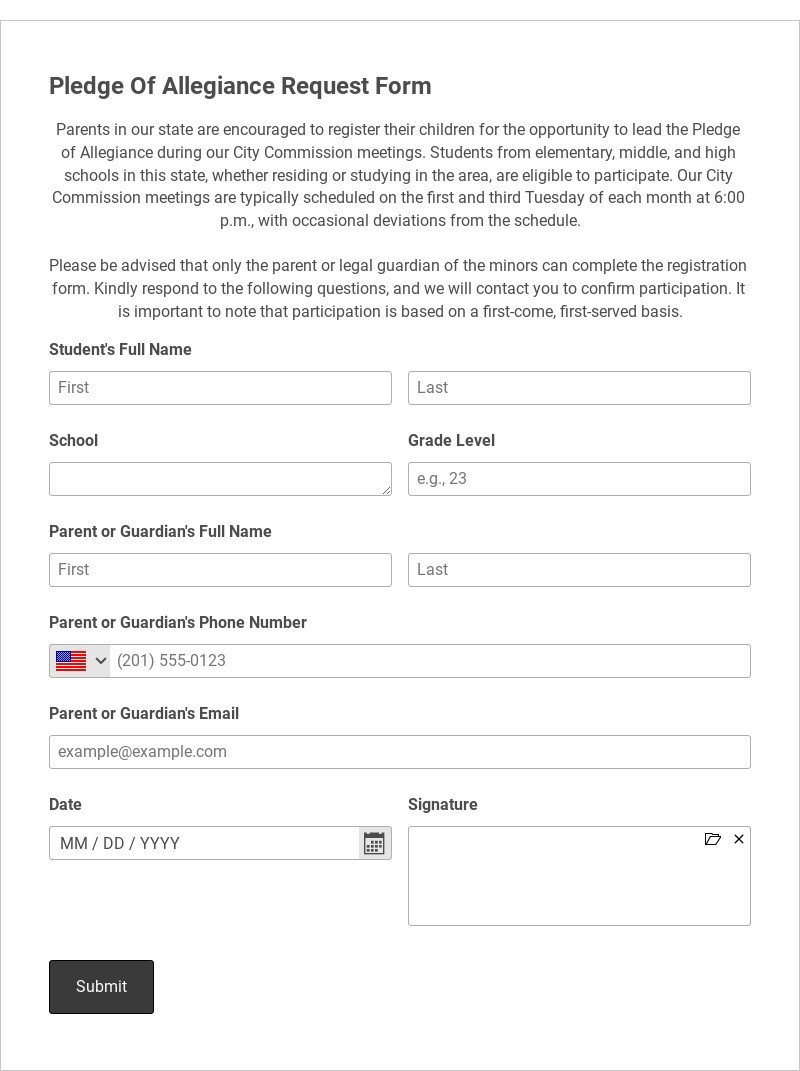 Pledge Of Allegiance Request Form Template