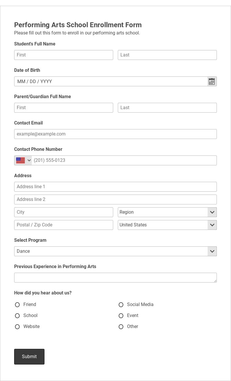 Performing Arts School Enrollment Form Template