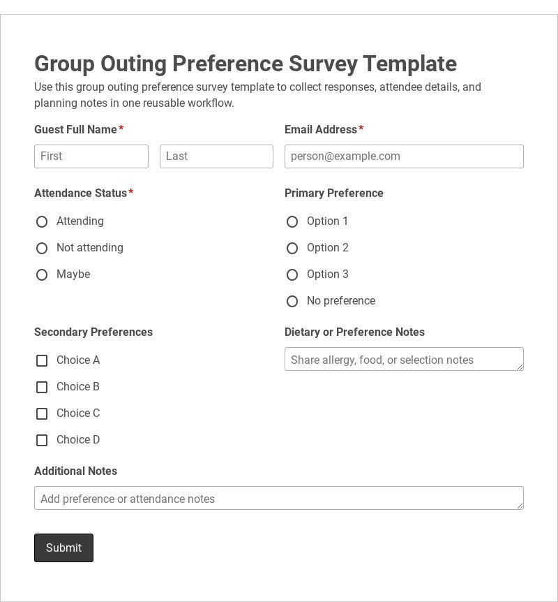 Group Outing Preference Survey Template form template