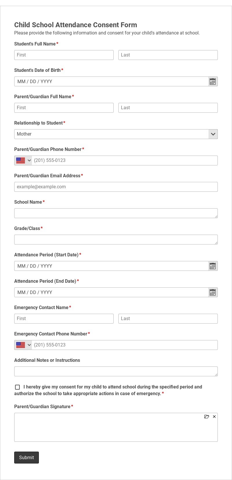 Child School Attendance Consent Form Template form template