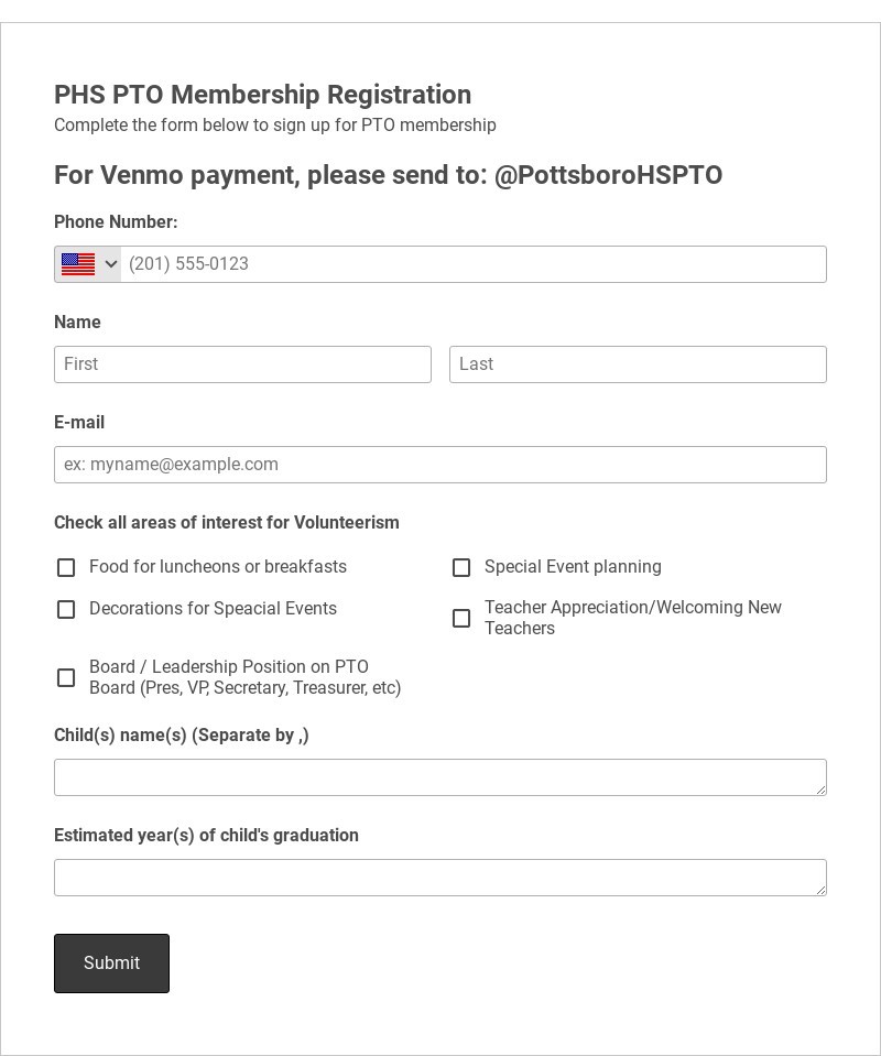Parent Teacher Organization (PTO) Membership Registration Form Template form template