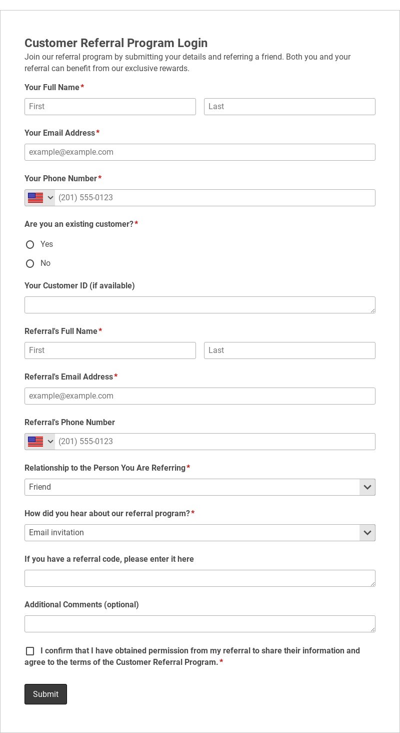 Customer Referral Program Login Template form template
