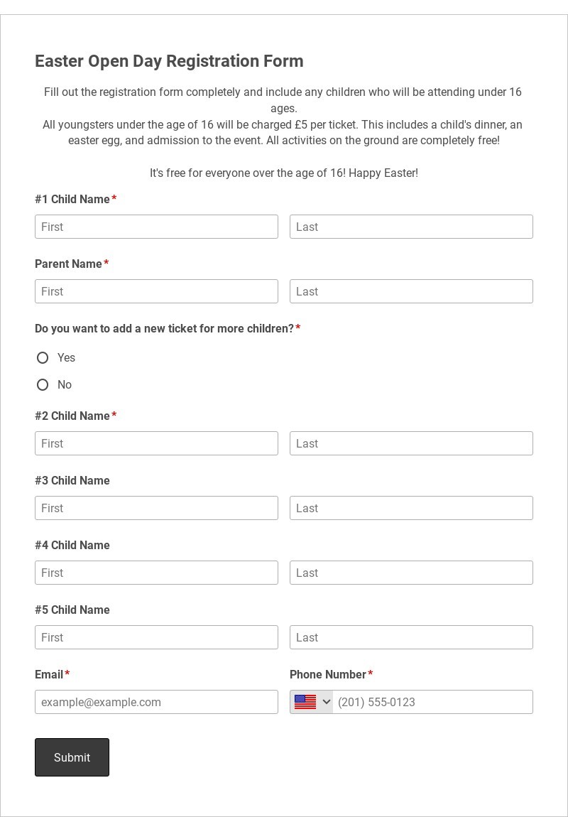Easter Open Day Registration Form Template