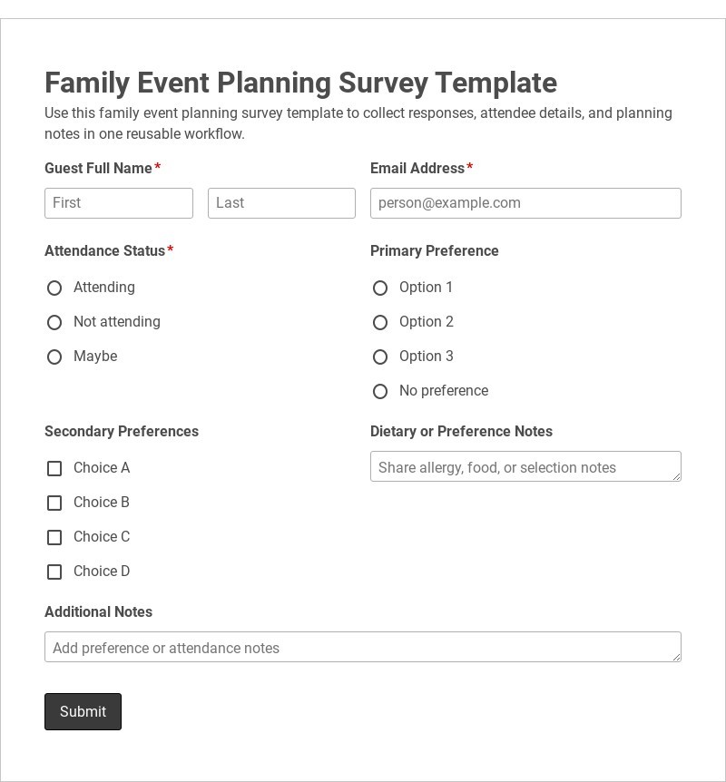 Family Event Planning Survey Template form template