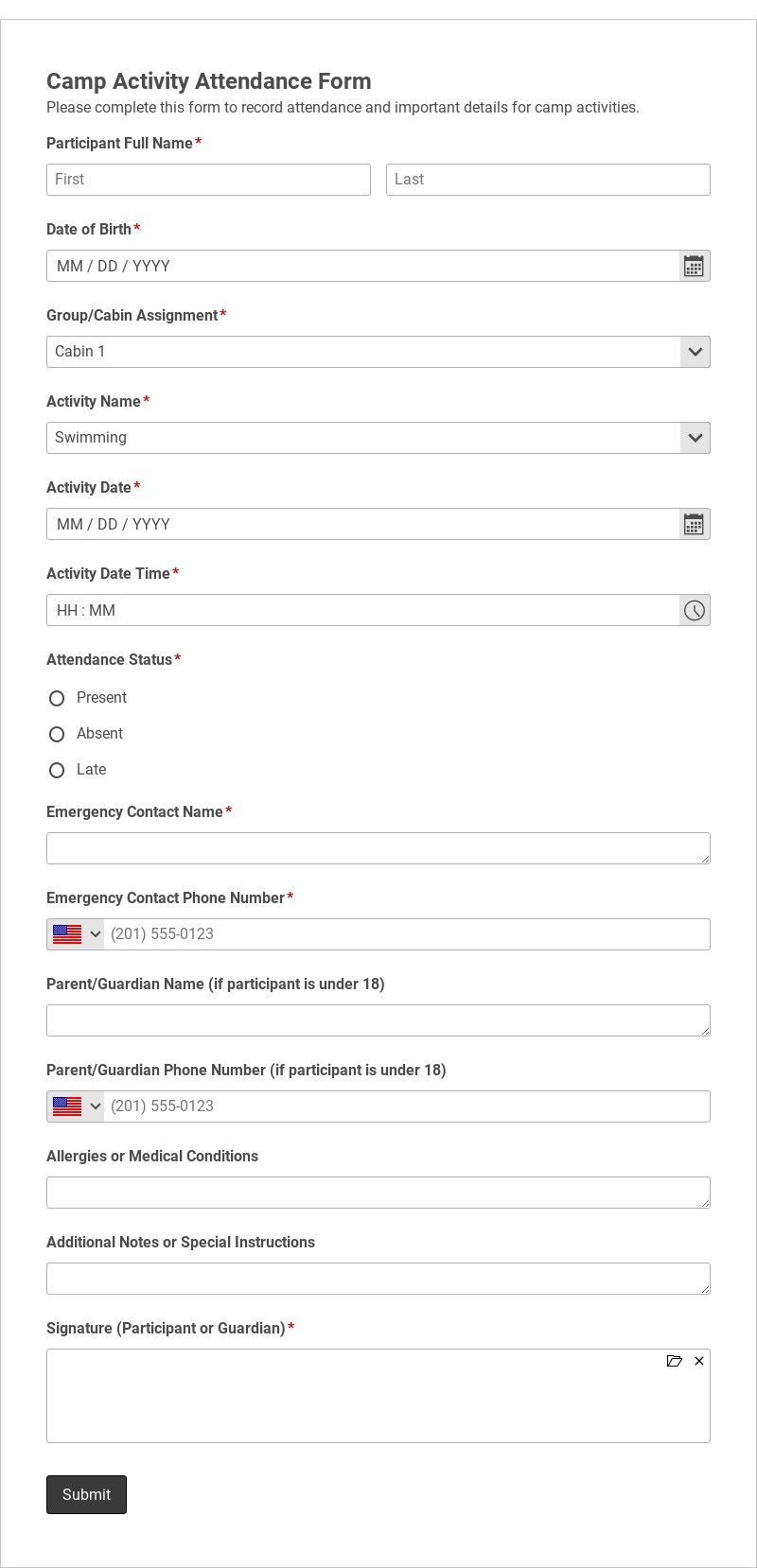Camp Activity Attendance Form