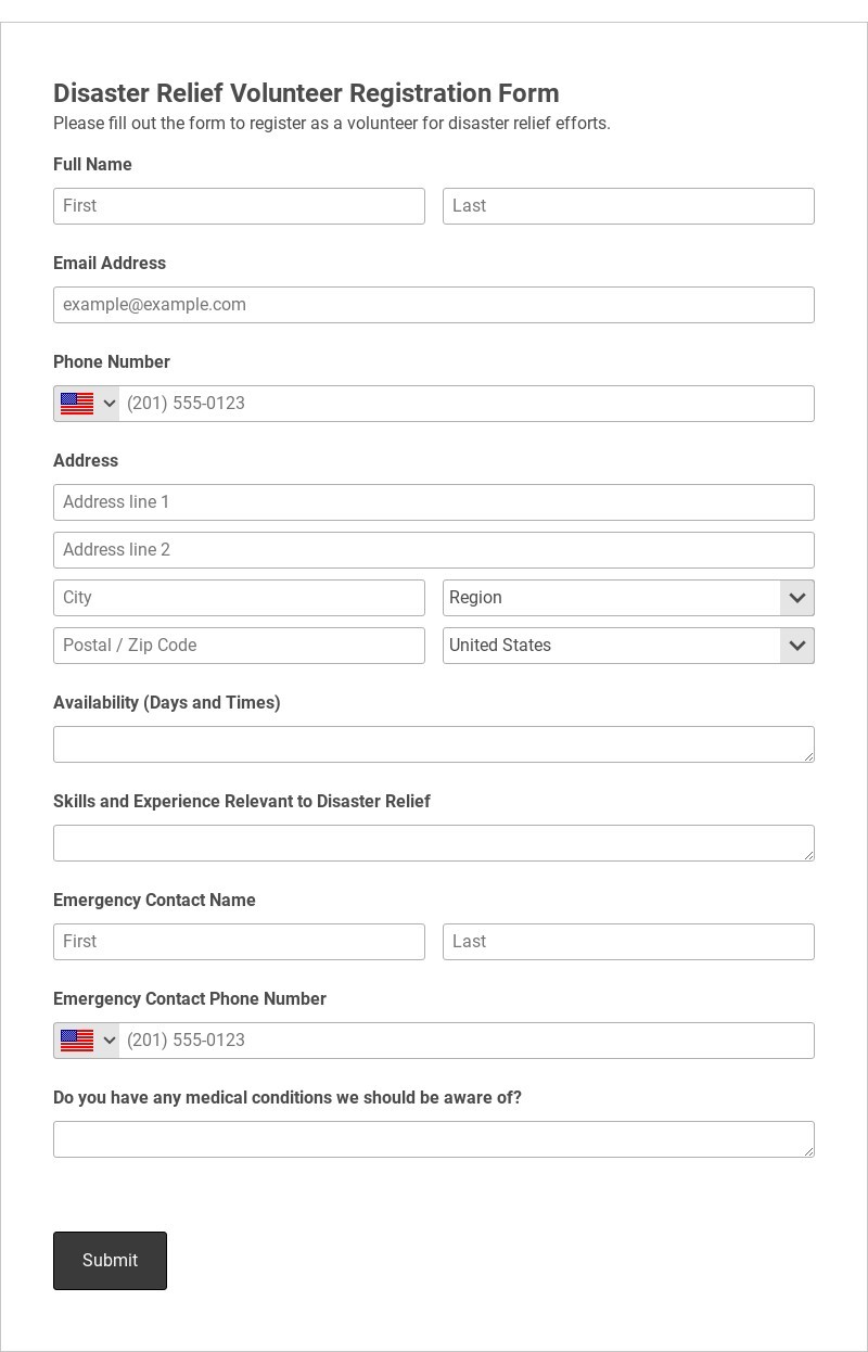 Disaster Relief Volunteer Registration Form Template form template