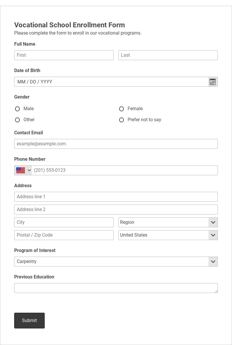 Vocational School Enrollment Form Template form template