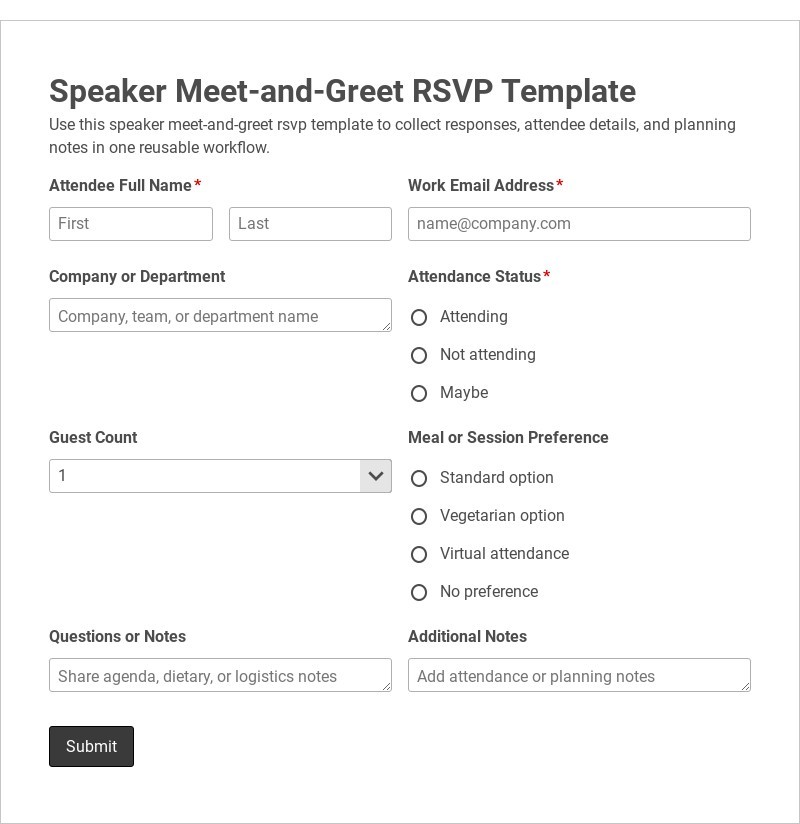 Speaker Meet-and-Greet RSVP Template form template