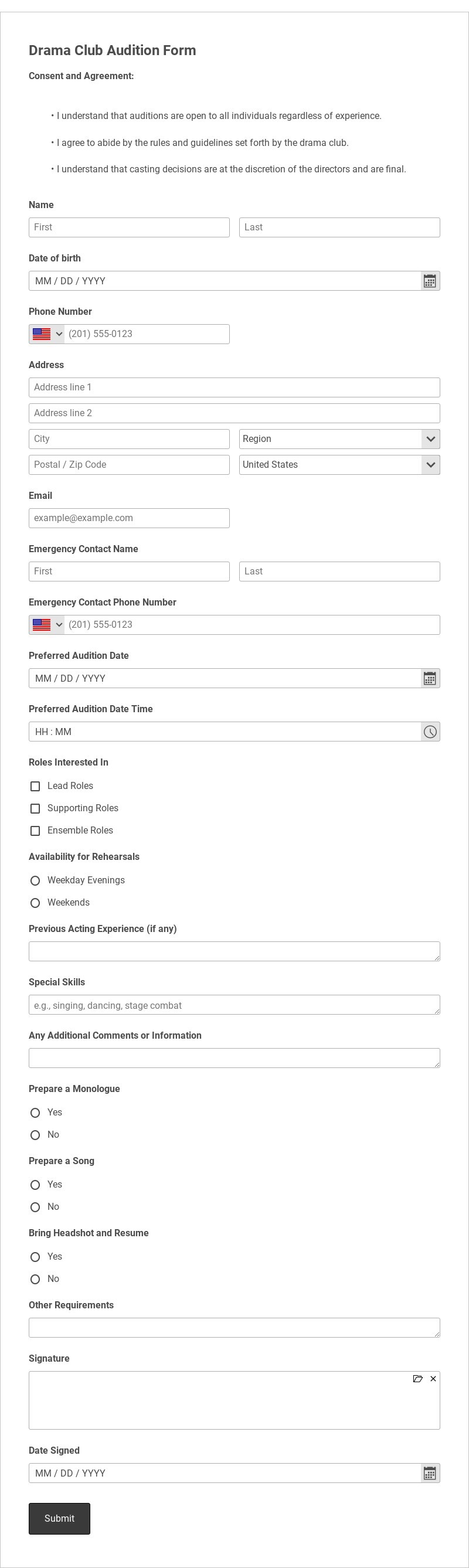 Drama Club Audition Form Template