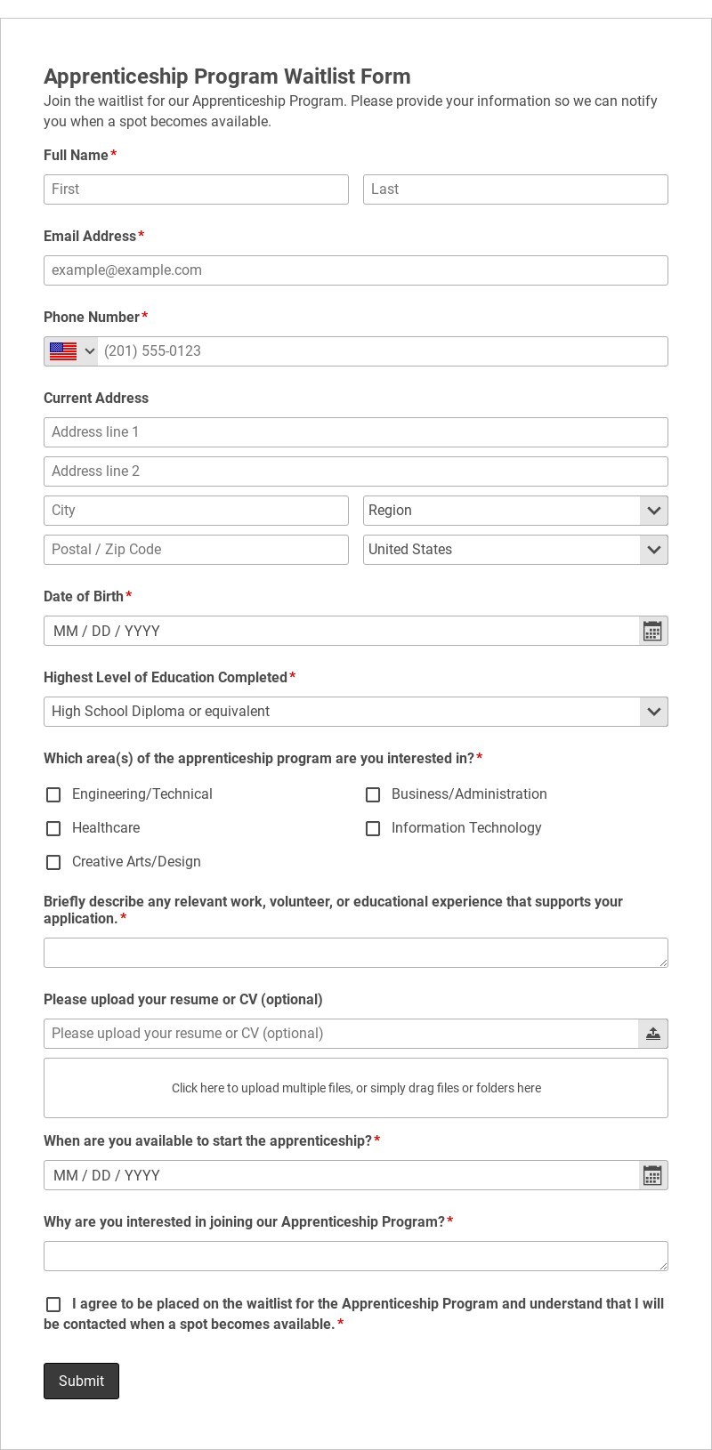 Apprenticeship Program Waitlist Form Template form template