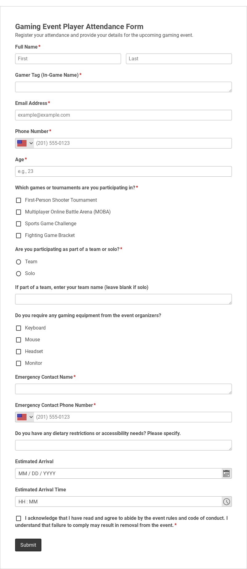Gaming Event Player Attendance Form Template form template