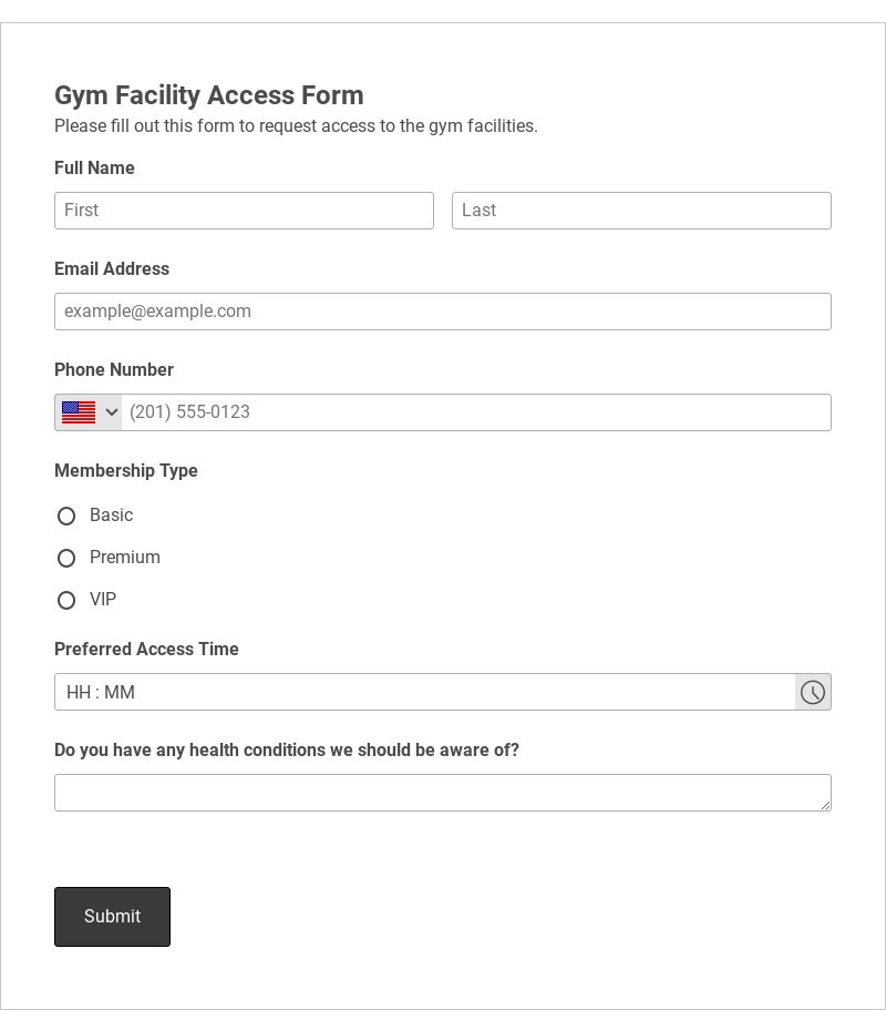 Gym Facility Access Form Template form template