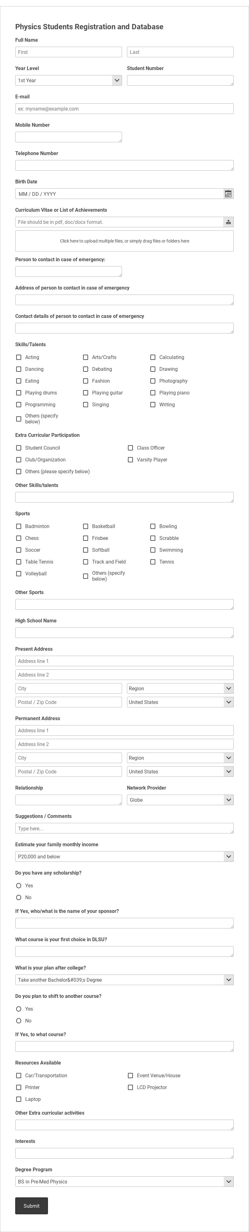 Physics Registration Form Template form template