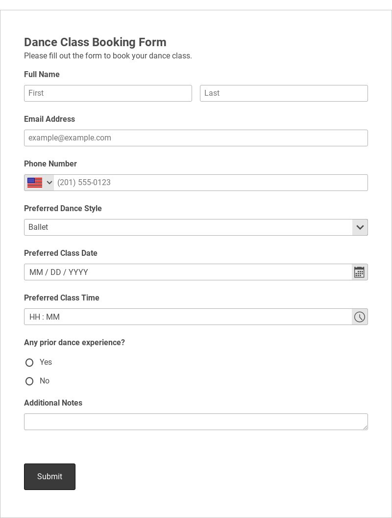 Dance Class Booking Form Template form template