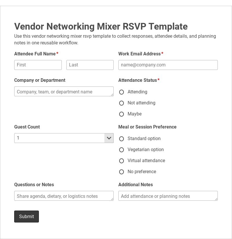 Vendor Networking Mixer RSVP Template form template