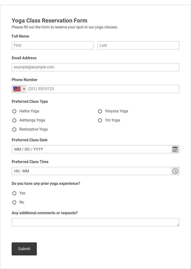 Yoga Class Reservation Form Template form template