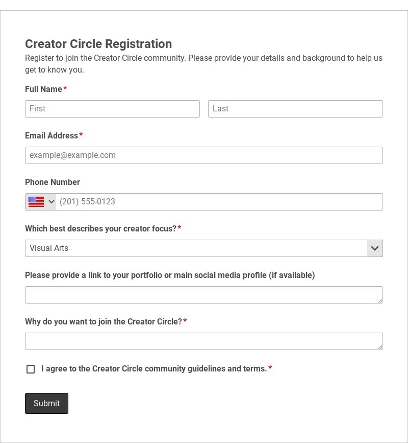 Creator Circle Registration Template form template