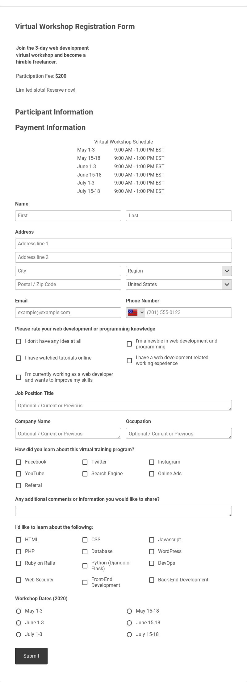 Virtual Workshop Registration Form Template form template
