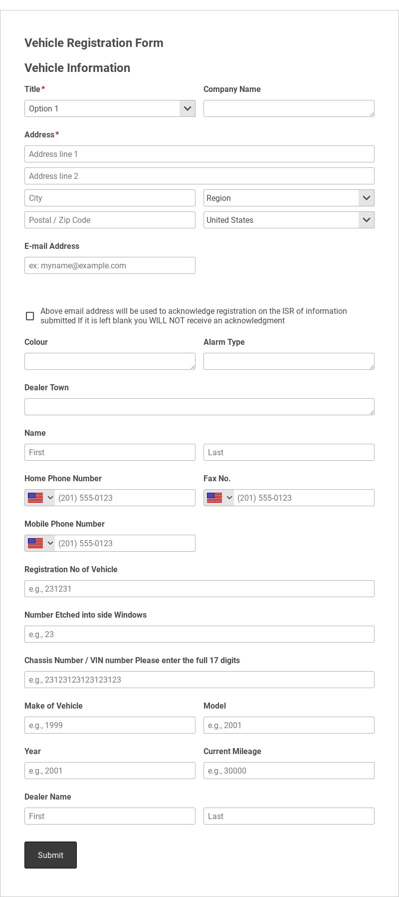 Vehicle Registration Form Template form template
