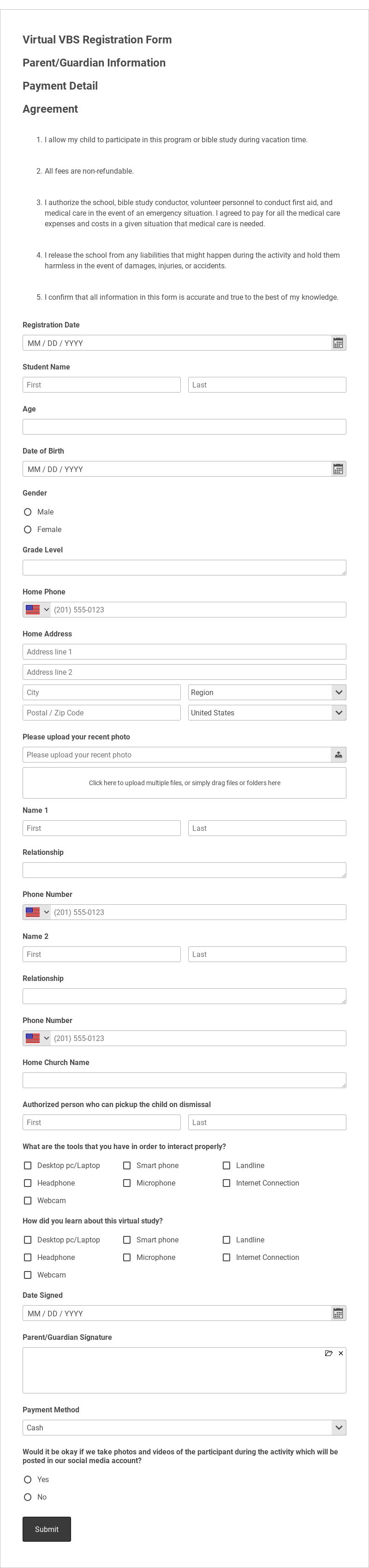 Virtual VBS Registration Form Template form template