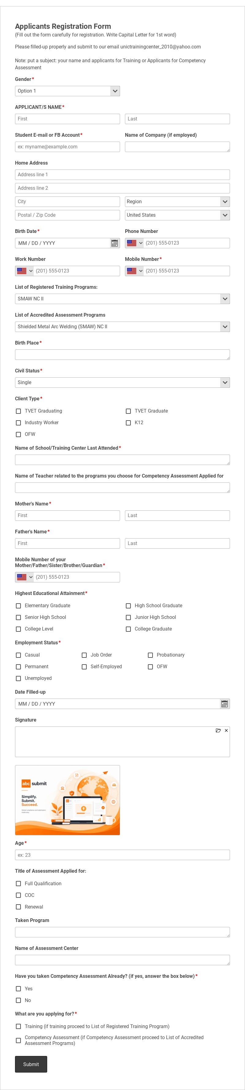 Applicants Registration Form Template