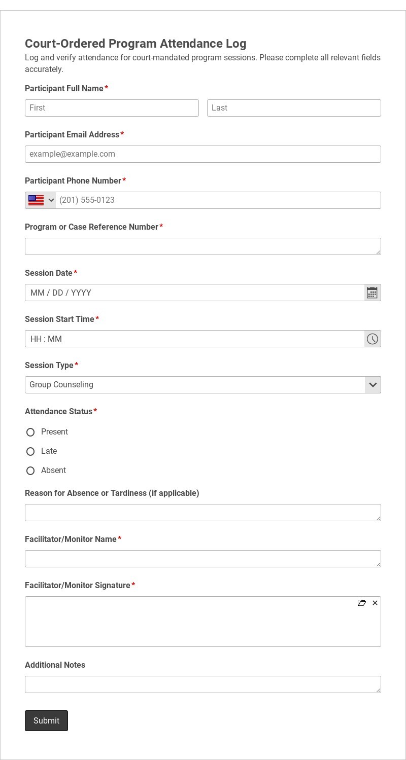 Court-Ordered Program Attendance Log Template form template
