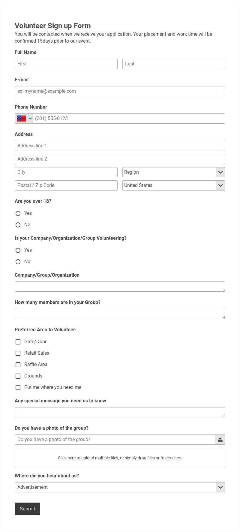 Volunteer Sign up Form Template form template