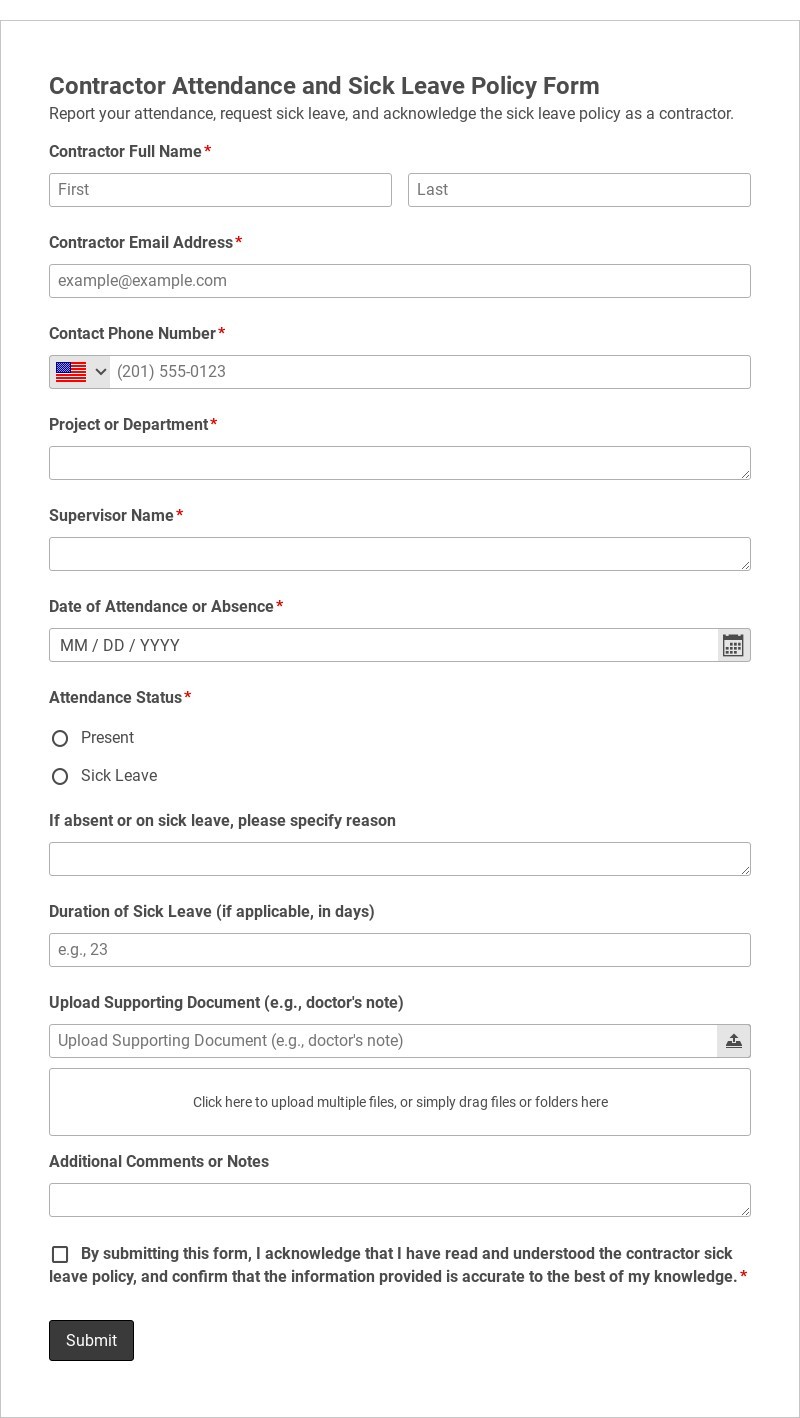 Contractor Attendance and Sick Leave Policy Form Template form template