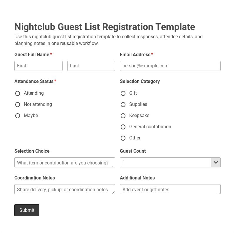 Nightclub Guest List Registration Template form template