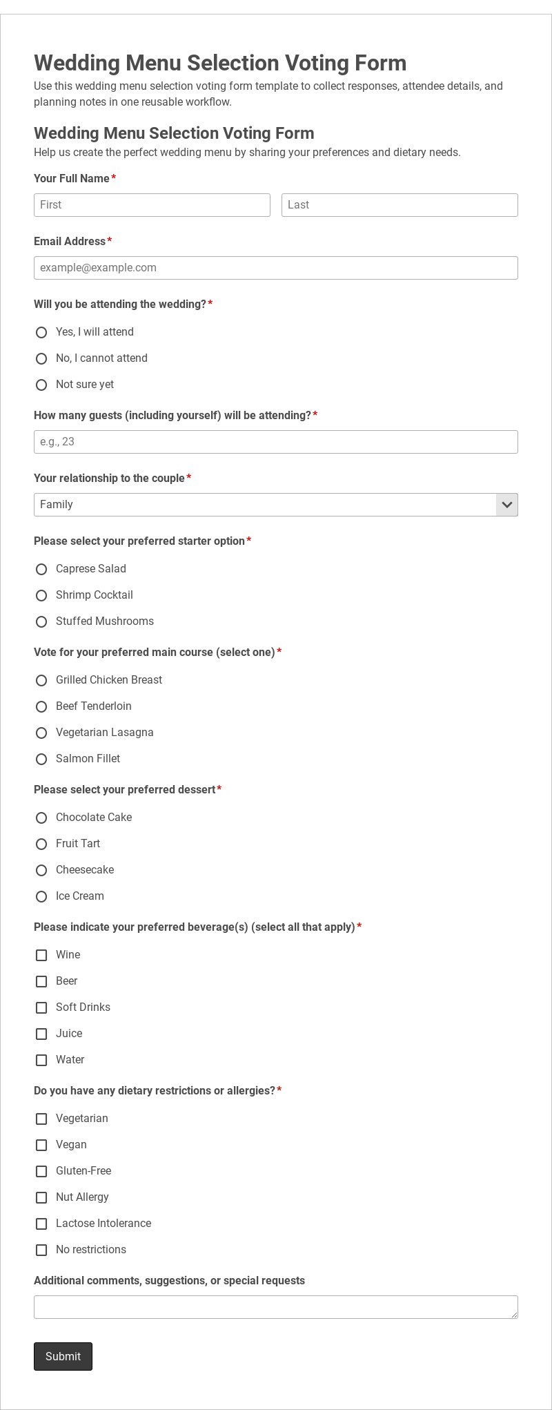 Wedding Menu Selection Voting Form