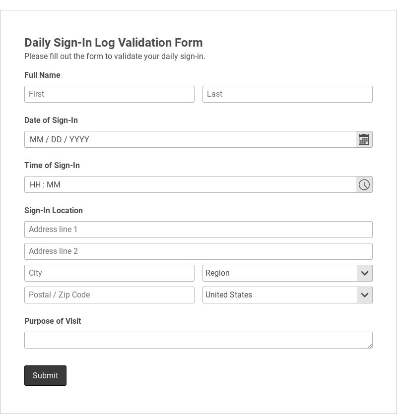 Daily Sign-In Log Validation Form Template