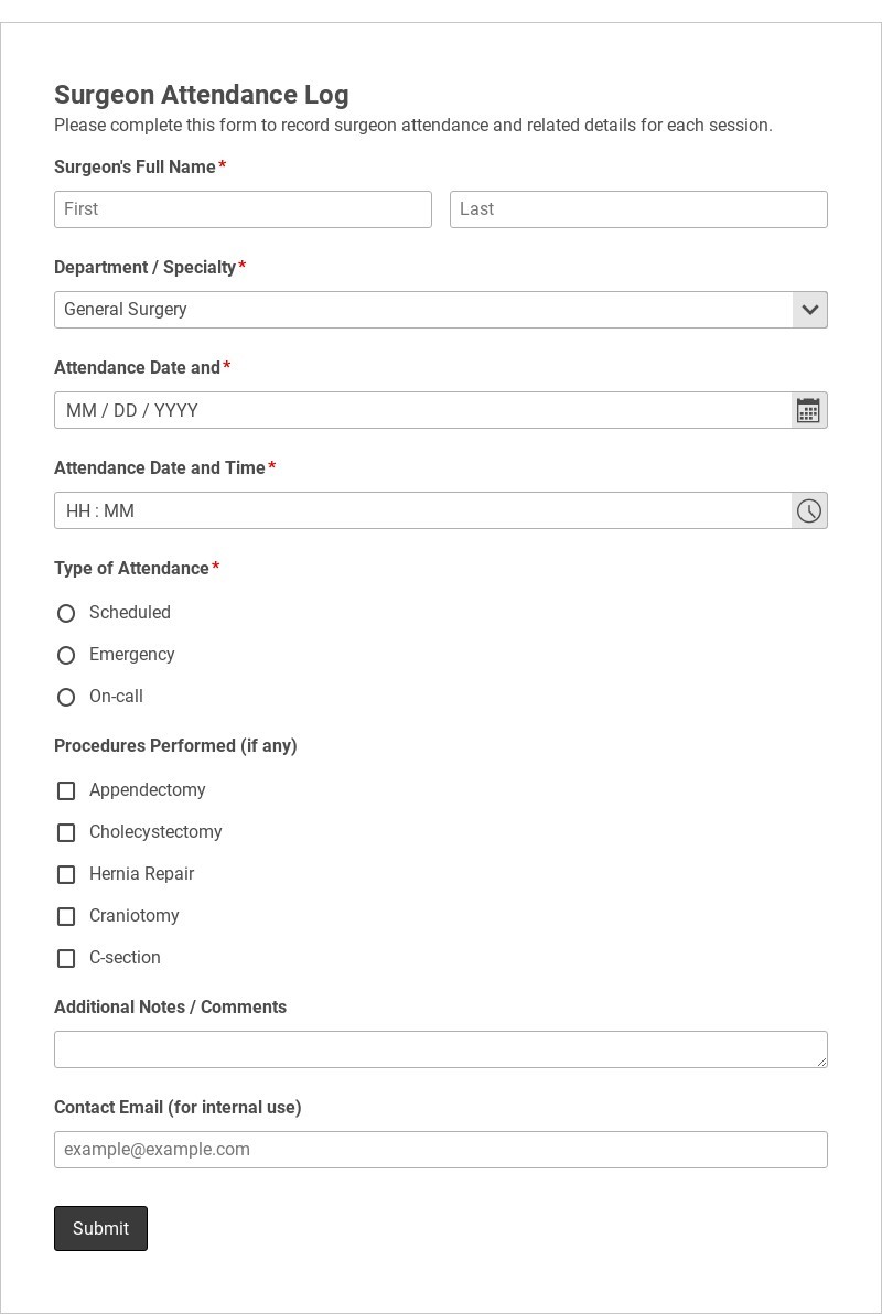 Surgeon Attendance Log Template form template
