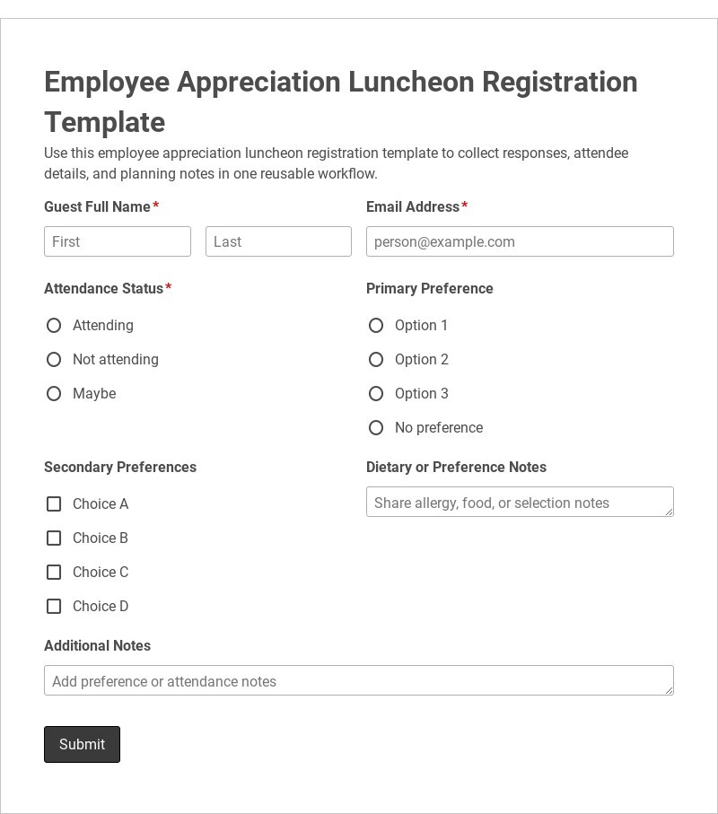 Employee Appreciation Luncheon Registration Template form template