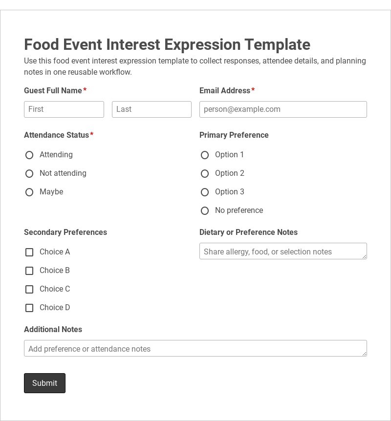 Food Event Interest Expression Template form template